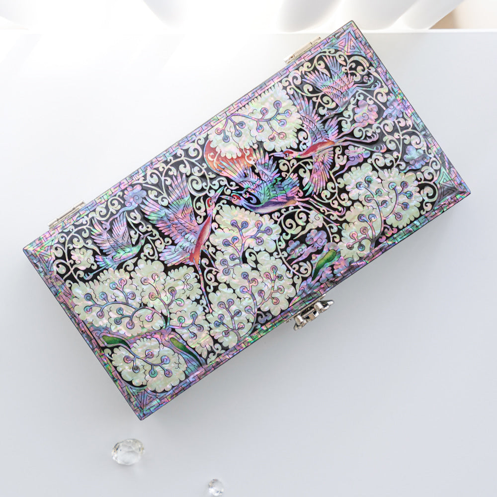 Wedding Gift Mother of Pearl Box Crane & Pine Arabesque Mother of Pearl Jewelry Box 23 cm Cash Gift Box Najeonchilgi Lacquerware Jewelry Box Gift for International Customers