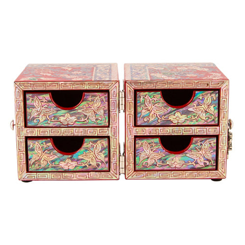 Square Flowers & Birds Double Lidded Mother of Pearl Jewelry Box (Small, Red)