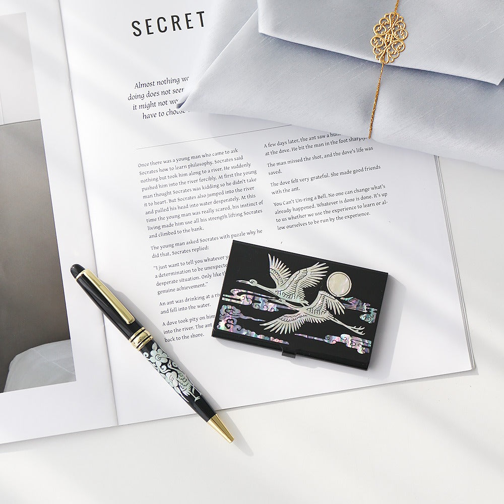 2-Piece Set: Carved Business Card Case K Mother of Pearl Pen Set