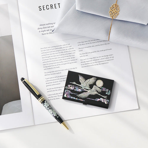 2-Piece Set: Carved Business Card Case K Mother of Pearl Pen Set