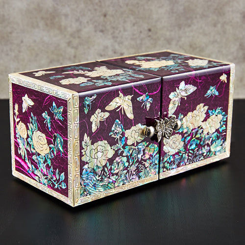 Peony Cloud Pattern Border Hanji Double Lidded Mother of Pearl Jewelry Box (Small, Glossy, Purple)