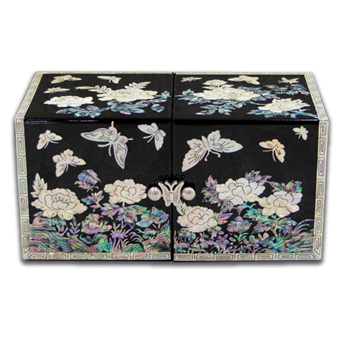 Peony Cloud Pattern Border Double Lidded Mother of Pearl Jewelry Box (Medium, Glossy, Black)