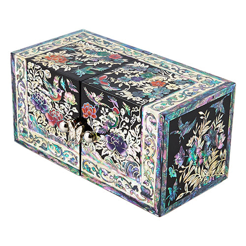Square Flowers & Birds Double Lidded Mother of Pearl Jewelry Box (Small, Black)