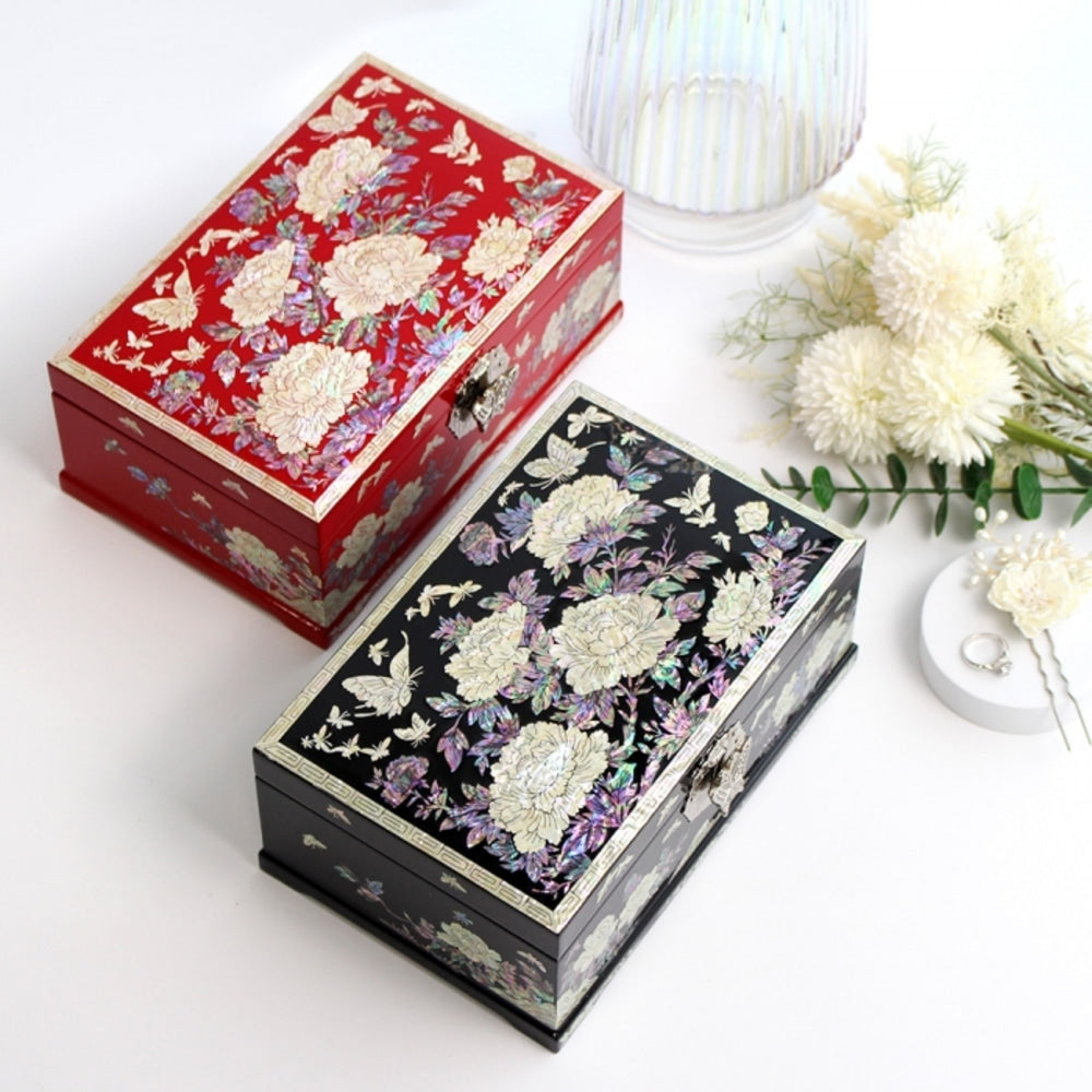 Najeonchilgi Peony 2-Tier Mother of Pearl Jewelry Box Yedan Wedding Gift Box, 24 cm