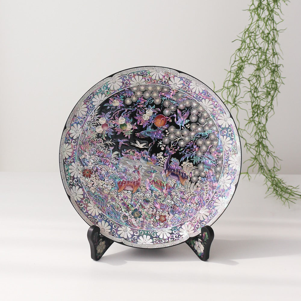 Najeonchilgi Ten Symbols of Longevity Ornament Dragon Round Mother of Pearl Tray, 30 cm