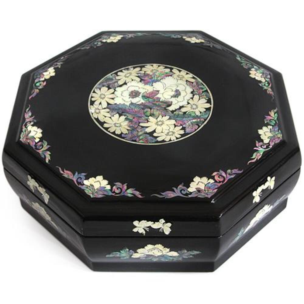 Octagonal black lacquer Korean lidded server, a round medallion of peonies inlaid in mother-of-pearl on the lid, scrolling flowers around the rim and butterflies on the side panels