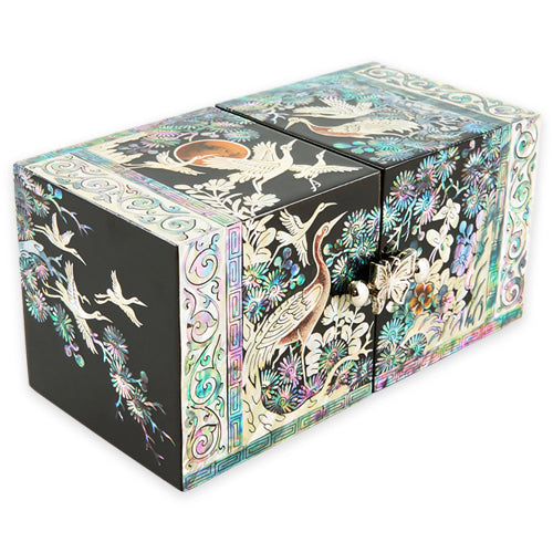 Square Crane & Pine Double Lidded Mother of Pearl Jewelry Box (Small - Red, Black)