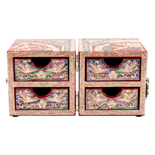 Flowers & Birds Double Lidded Mother of Pearl Jewelry Box (Large, Red)