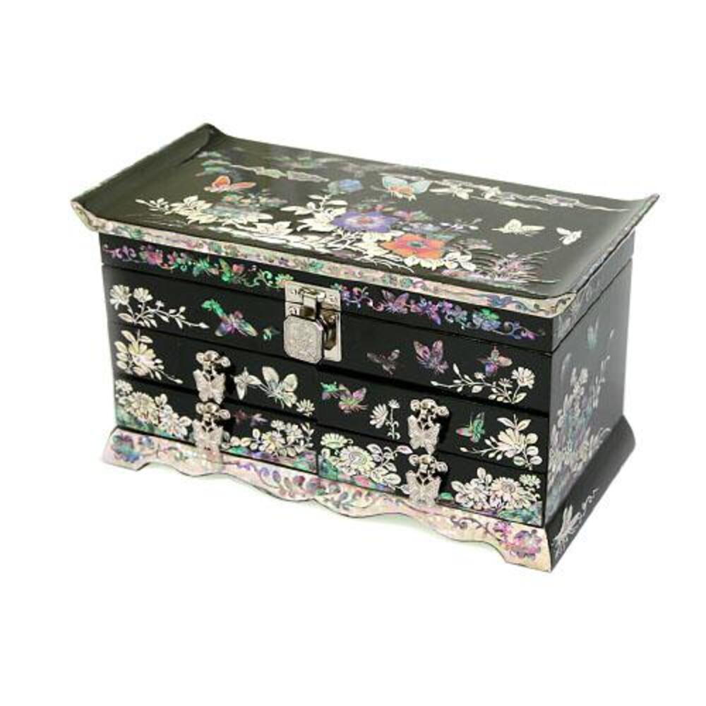 Premium Najeonchilgi Vanity Mirror 4-Tier Flower & Butterfly Drawer Mother of Pearl Jewelry Box, 25 cm (Master Artisan Hong Seok-pyo)