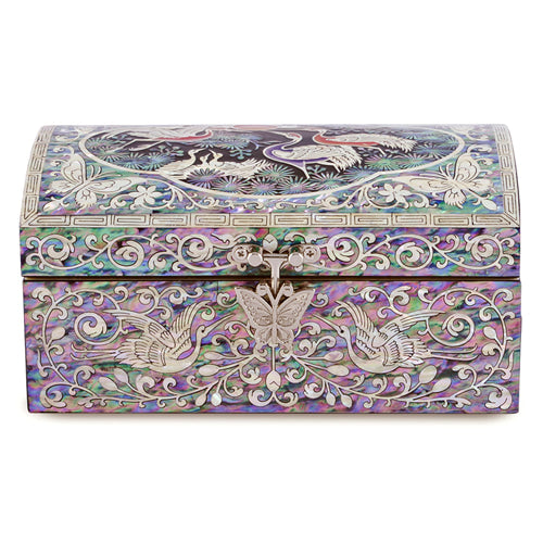 Clam-shaped (Red) Crane & Pine Cloud Pattern Border 1-Tier Jewelry Box (Black)