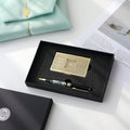 2-Piece Set: Metal Glossy Gold Business Card Case Mother of Pearl Pen Set (Flower & Crane)