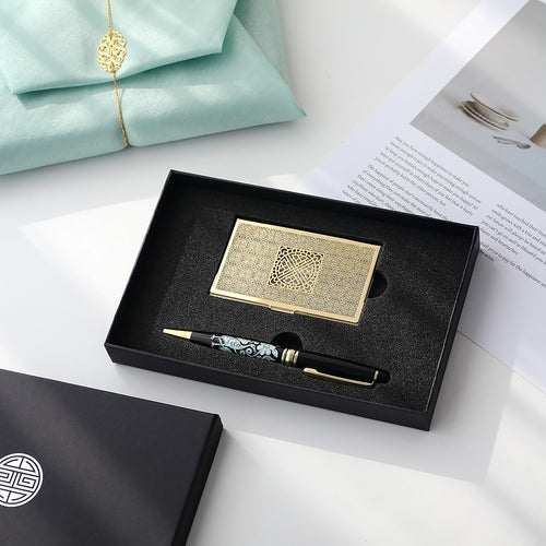 2-Piece Set: Metal Glossy Gold Business Card Case Mother of Pearl Pen Set (Flower & Crane)
