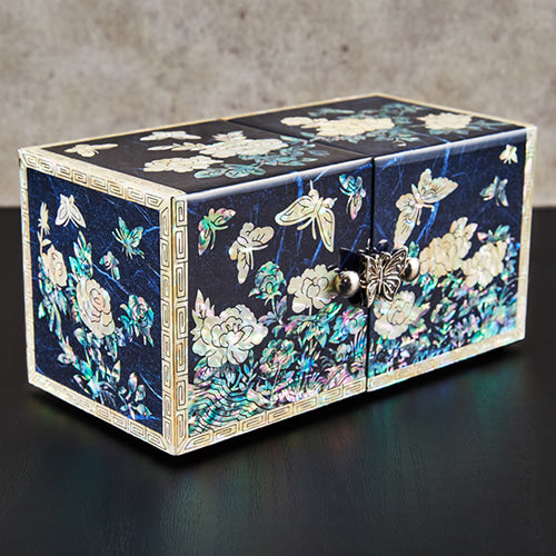 Peony Cloud Pattern Border Hanji Double Lidded Mother of Pearl Jewelry Box (Small, Glossy, Blue)