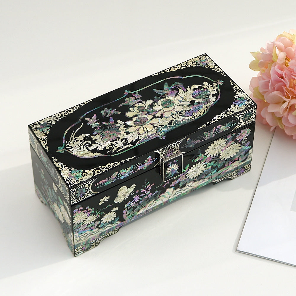Premium Peony & Butterfly Najeonchilgi 2-Tier Mother of Pearl Jewelry Box, 24 cm (Master Artisan Hong Seok-pyo)