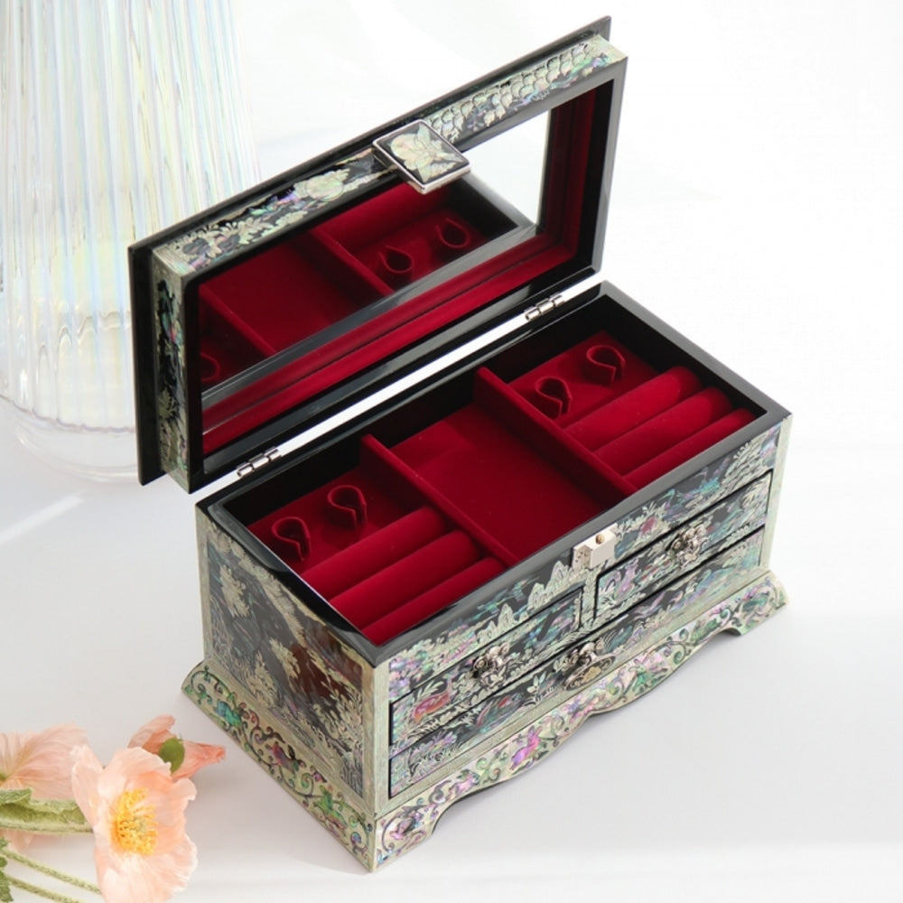 Najeonchilgi Pine & Crane Roof-Tile 3-Drawer Mother of Pearl Jewelry Box (Master Artisan Kim Young-man)