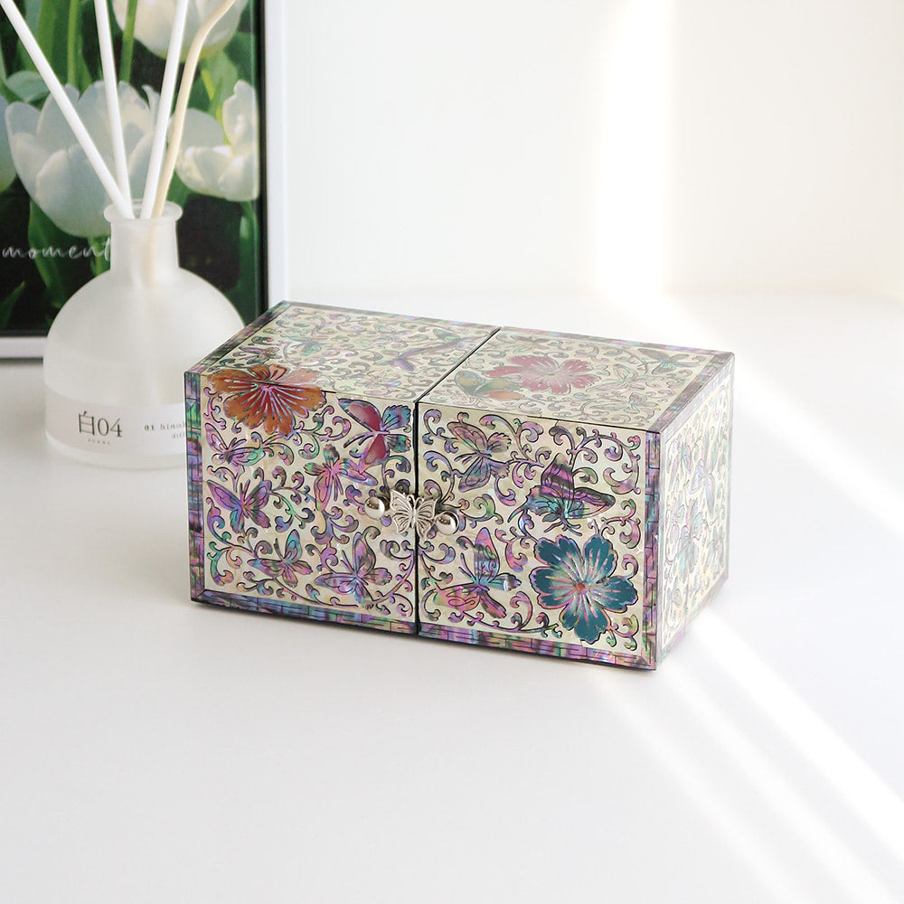 Najeonchilgi Painted Flower & Butterfly Double-Lidded Mother of Pearl Jewelry Box Black (Master Artisan Jang Tae-bok)