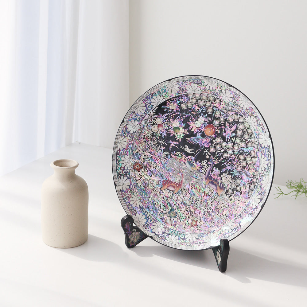 Najeonchilgi Ten Symbols of Longevity Ornament Dragon Round Mother of Pearl Tray, 30 cm