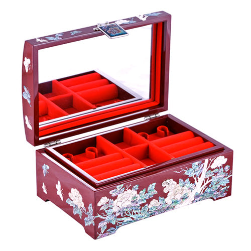 PeonyButterfly 2-TierRounded LeftJewelry Box (Red)