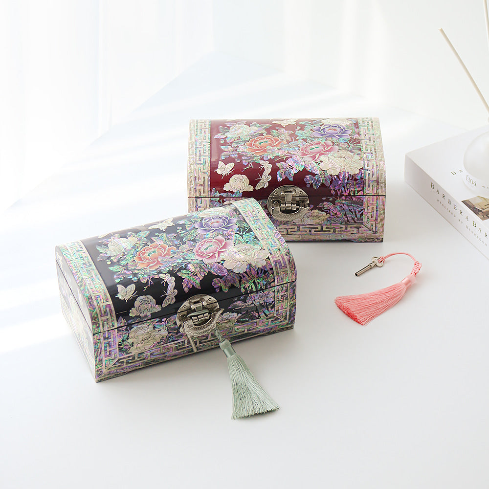 Najeonchilgi Painted Peony of Wealth Rounded Mother of Pearl Jewelry Box, 24 cm