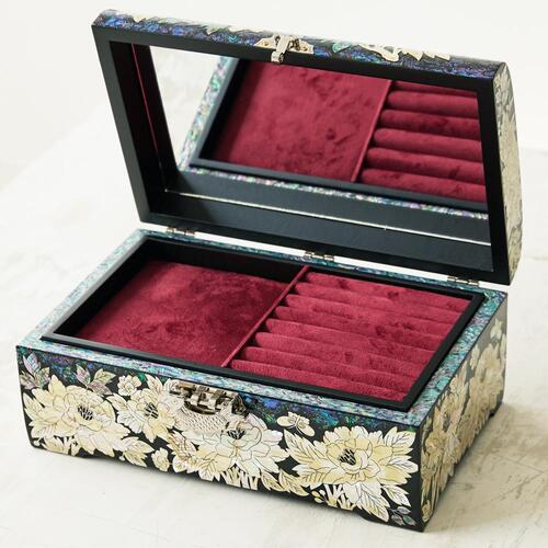 Blue mother of pearl peony jewelry box, 30 cm - open, mirrored lid and velvet interior