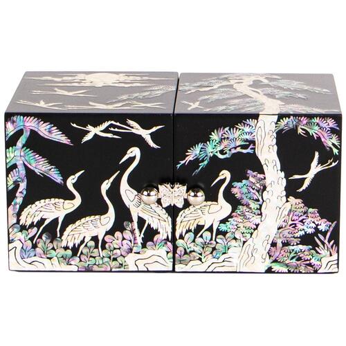 Najeonchilgi Lacquerware SecretJewelry Box Crane & Pine Motif Double Lidded Mother of Pearl Jewelry Box