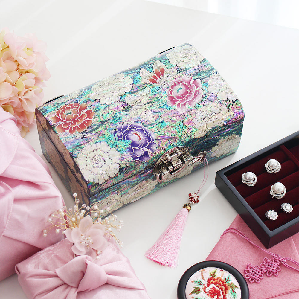 Premium Yedan Jewelry Box Peony of Wealth Rounded Mother of Pearl Jewelry Box Black Najeonchilgi Jewelry Box, 21 cm