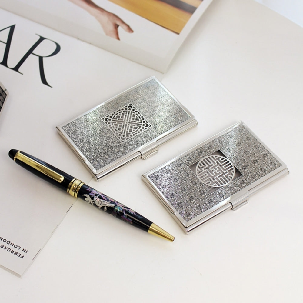 2-Piece Set: Metal Business Card Case Mother of Pearl Pen Set