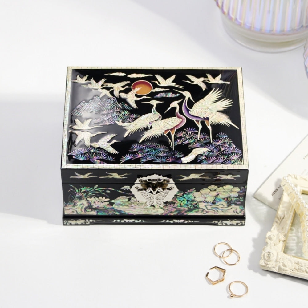 Najeonchilgi Longevity Pine & Crane 2-Tier Mother of Pearl Jewelry Box, 18 cm (Master Artisan Kim Young-man)