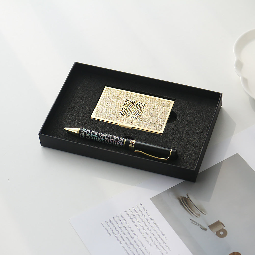 2-Piece Set: Metal Gold Mother of Pearl Business Card Case Hangul Lattice Mother of Pearl Pen Set (Lower Inlay)