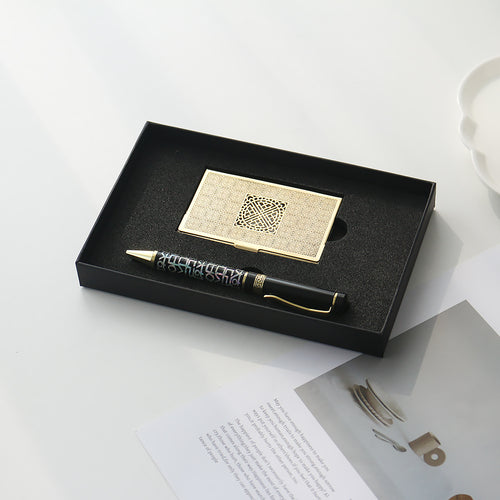 2-Piece Set: Metal Gold Mother of Pearl Business Card Case Hangul Lattice Mother of Pearl Pen Set (Lower Inlay)
