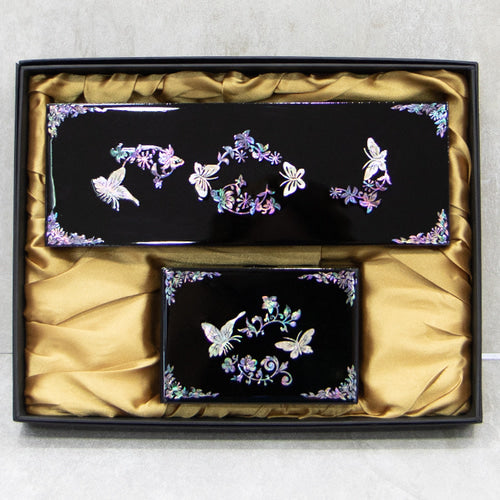 Glossy Double Crane Mother of Pearl Business Card & Pen Holder Set - OF0239