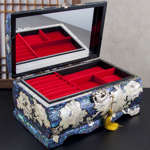 Peony Flower Blue Mother of Pearl Panel 2-Tier Jewelry Box (Large) - by Park In-ho