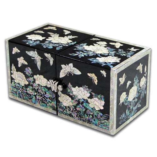 Peony Cloud Pattern Border Double Lidded Mother of Pearl Jewelry Box (Medium, Glossy, Black)