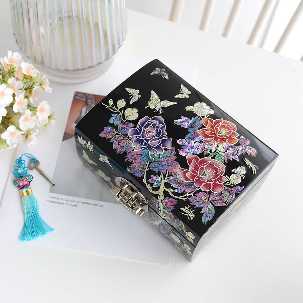 Premium 2-Tier Najeonchilgi Rounded Peony Black Mother of Pearl Jewelry Box, 18 cm (Master Artisan Jang Tae-bok)