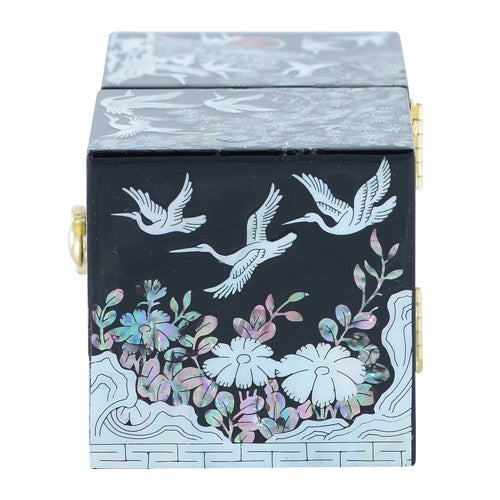 Glossy Crane & Pine Double LiddedJewelry Box (Black) Small