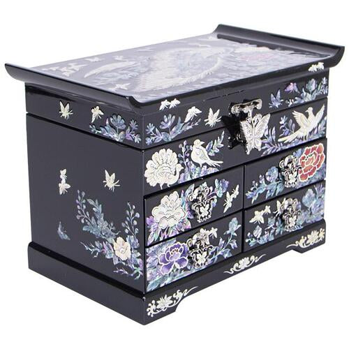 Peacock Line비 5-Tier Drawer Mother of Pearl Jewelry Box中 (Glossy, Black)