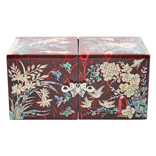 Four Gracious Plants Hanji Double Lidded Mother of Pearl Jewelry Box (Medium, Glossy, Red)