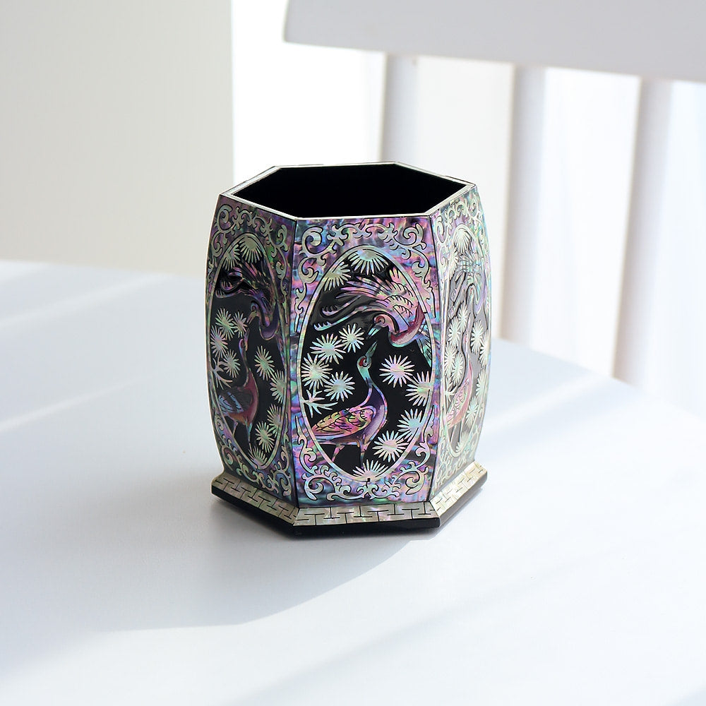 Premium Najeon Hexagonal Pine & Crane Black Pen Holder Pencil Holder (Master Artisan Jang Tae-bok)