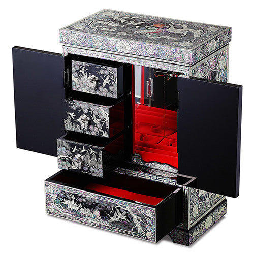 Najeonchilgi Lacquerware Crane & Pine Ten Symbols of Longevity Double Door Drawer Mother of Pearl Jewelry Box Extra Large