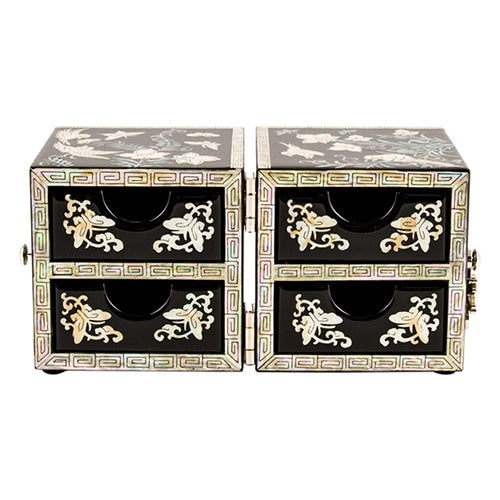 Flowers & Birds Cloud Pattern Border Double Lidded Mother of Pearl Jewelry Box (Small, Glossy, Oh Myung - Ho)