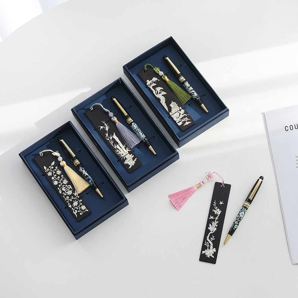 Wood Bookmark Mother of Pearl Pen 2 Bell Set