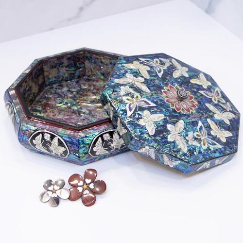 Blue Mother of Pearl Panel Butterfly Octagonal 다용도 Knob Jewelry Box