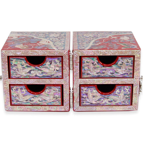 Round Crane & Pine Double Lidded Mother of Pearl Jewelry Box (Medium, Red) - Oh Myung - Ho