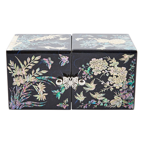 Four Gracious Plants Hanji Double Lidded Mother of Pearl Jewelry Box (Small, Glossy, Blue)