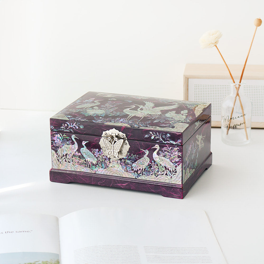 Najeonchilgi Hanji Flower Pine & Crane 2-Tier Mother of Pearl Jewelry Box, 21 cm