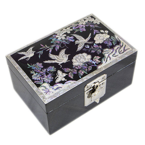 Joseon Mother of Pearl Straight Turtle Jewelry Box (1-Tier, Oh Myung - Ho) - Crane & Pine, Peony Motif
