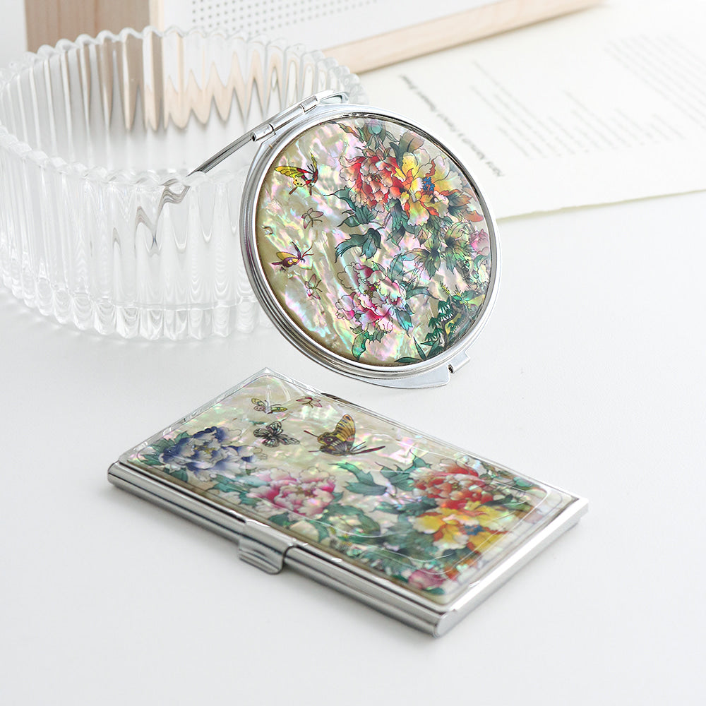2-Piece Set: Mother of Pearl Business Card Case Hand Mirror K
