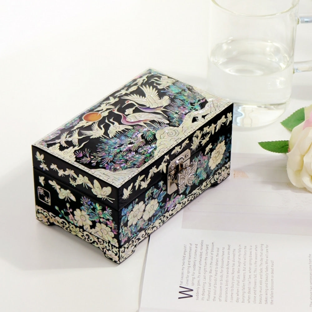 Premium Pine & Crane Mini Mother of Pearl Jewelry Box Ring Box, 15 cm (Master Artisan Kim Young-man)