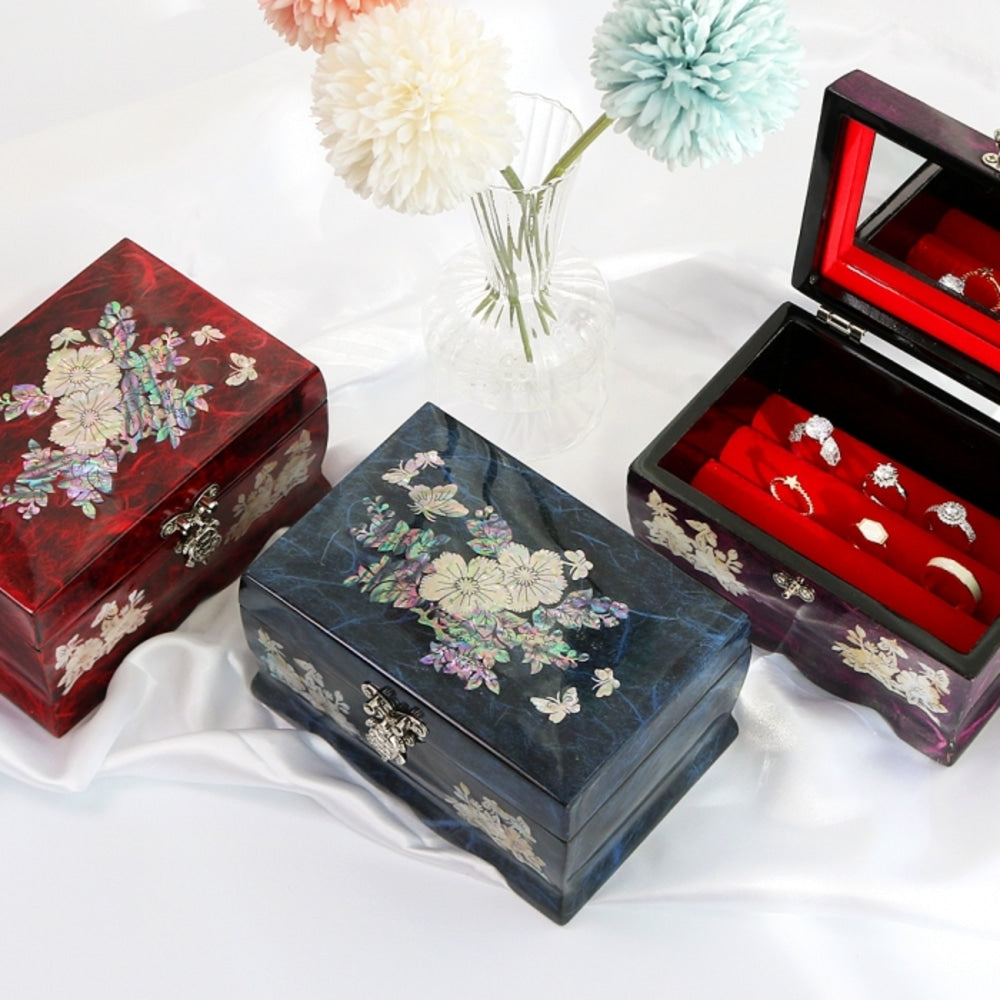 Hanji Rounded Plum & Butterfly Peony Flower Mother of Pearl Jewelry Box Keepsake Ring Box, 15 cm