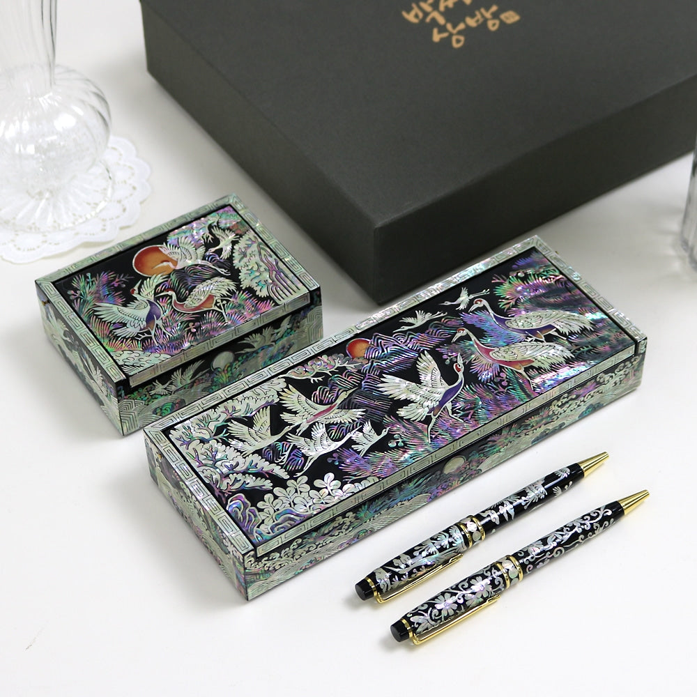 2-Piece Set: Premium Najeon Auto-Open Pine & Crane Pen Case Business Card Case (Master Artisan Jang Tae-bok)